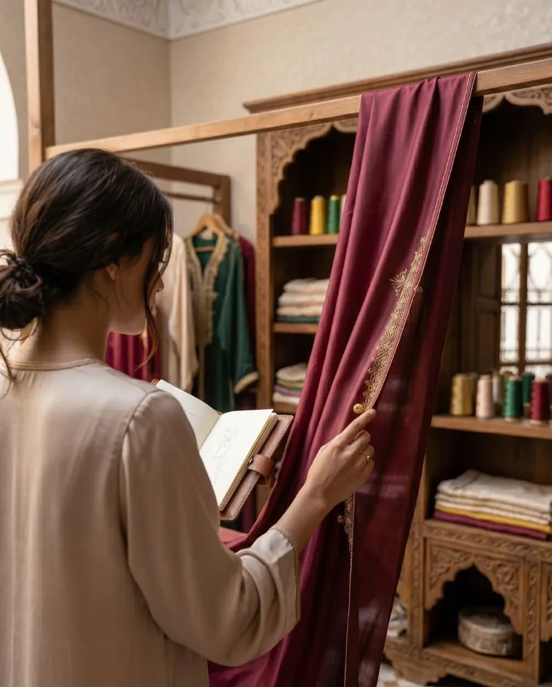 Création d'un caftan maroc sur mesure dans l'atelier de luxe Caftanova, styliste retouchant une broderie artisanale.