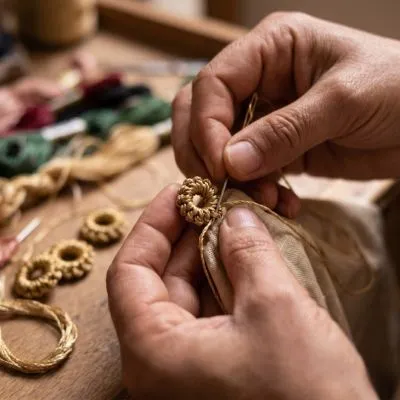 Gros plan sur les mains d'un artisan confectionnant des boutons Aakad traditionnels avec du fil de soie doré pour un Caftan Maroc de haute couture.