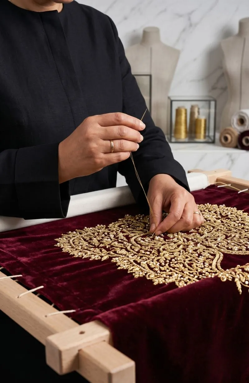 Détail d'une broderie main à l'or Sqalli sur un caftan Maroc de luxe - Maison Caftanova