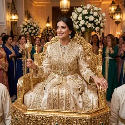Une mariée marocaine de prestige portant un somptueux Caftan Maroc de mariée en soie ivoire, richement orné de broderies or Sqalli, cristaux et perles, assise sur une Amariya dorée lors d'une cérémonie de mariage de luxe.