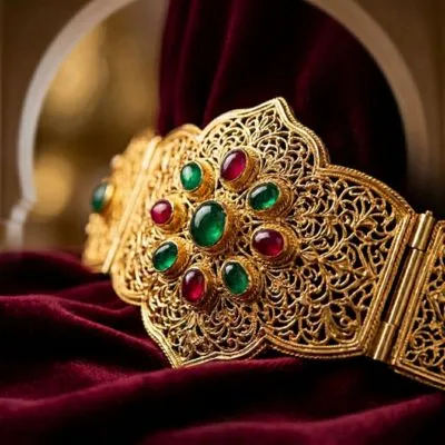 Close-up détaillé d'une ceinture Mdamma en or Sqalli ornée d'émeraudes, marquant la taille d'un Caftan Maroc en velours bordeaux.