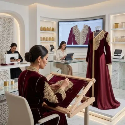 Atelier de création de Caftan Maroc nouvelle génération : une artisane brode à la main un motif doré sur du velours tandis qu'un designer travaille sur tablette numérique, alliant artisanat traditionnel et design moderne.