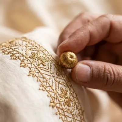 Détail de broderie Tarz complexe réalisée avec du fil d'or Sqalli sur la manche en soie ivoire d'un Caftan Maroc exclusif.