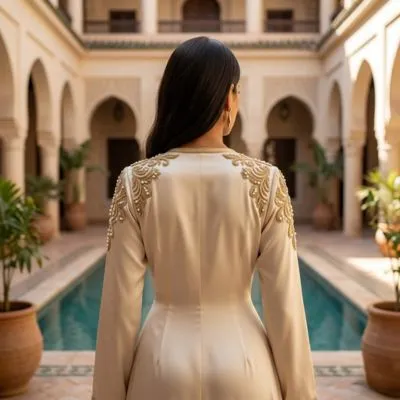 ue dos d'une femme portant un luxueux Caftan Maroc en soie crème, mettant en valeur la coupe ajustée et la finition minutieuse des boutons Aakad faits main.