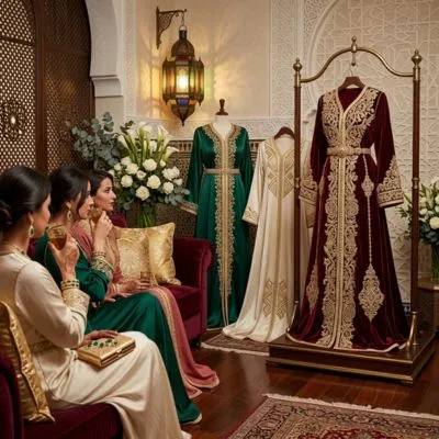 Showroom privé de luxe pour la location de Caftan Maroc haute couture, présentant une collection de Takchitas en velours bordeaux et soie, dans un salon VIP élégant avec des conseillères en stylisme.